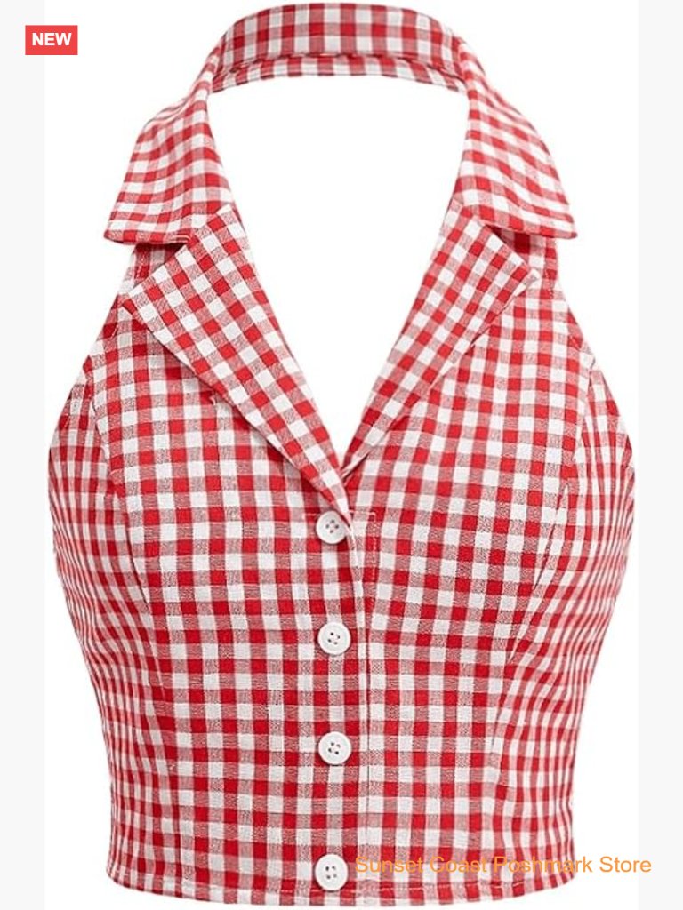 Plaid Halter Backless Button Front Crop Tank Top Going Out Outfit